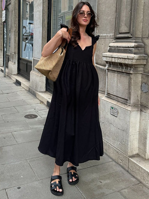 Chicnmom Vestidos largo Premamá Volantes Drapeado Espalda Descubierta Negro