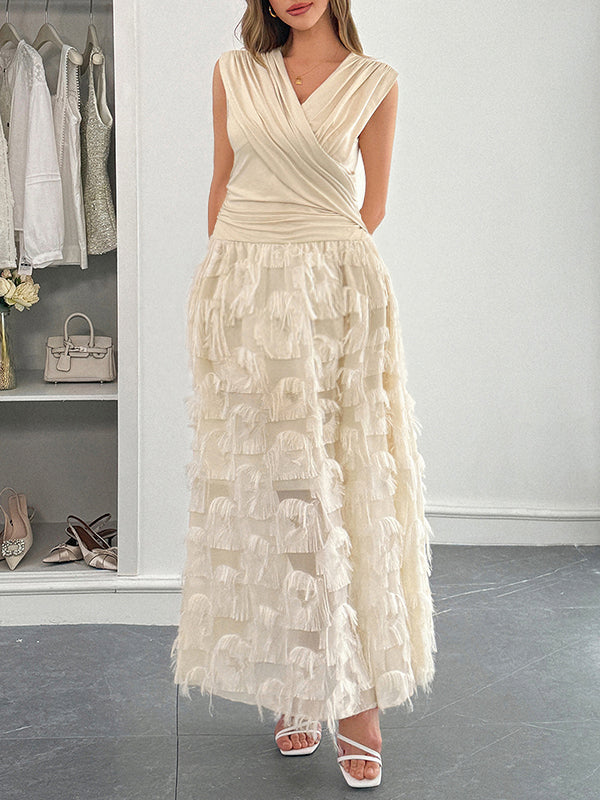 Chicnmom Vestidos largo Premamá Borla piel Pecho fruncido Albaricoque