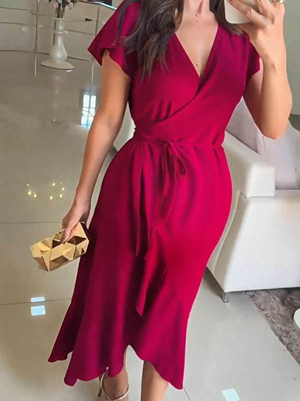 Chicnmom Vestidos largo Premamá Volantes Cinturón Abertura Rojo