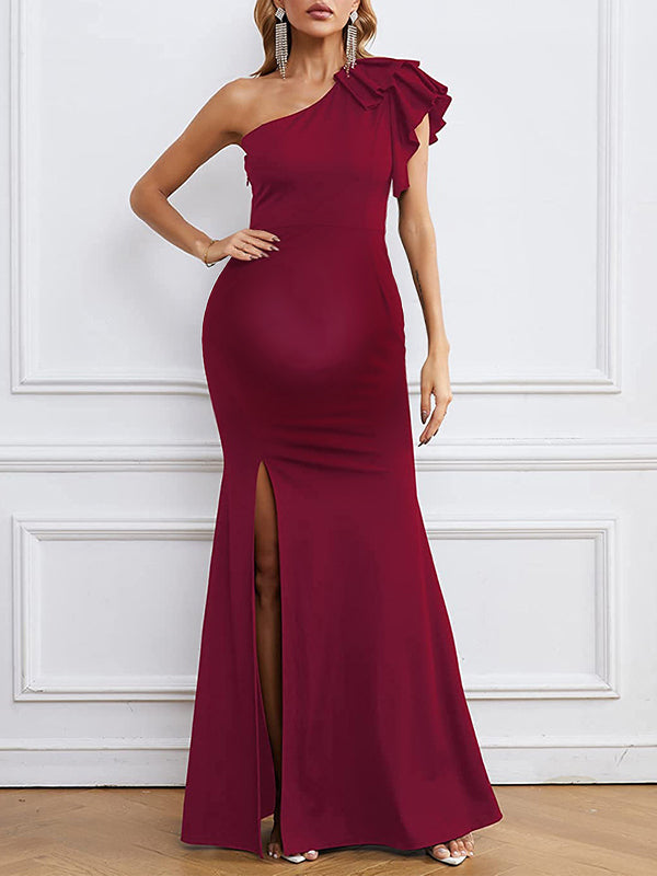 Chicnmom Vestidos largo Premamá Volantes Abertura Hombro caído Burdeos