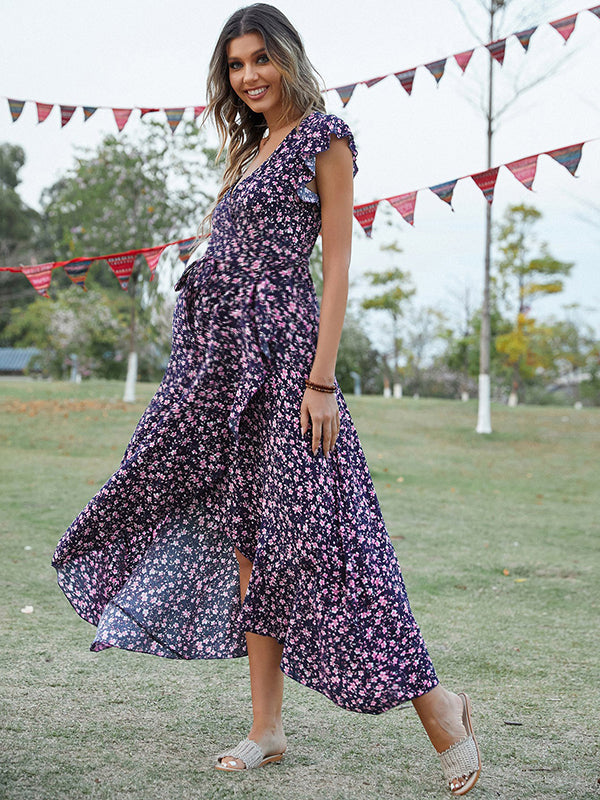 Chicnmom Vestidos largo Premamá Estampado Volantes Abertura Azul Marino