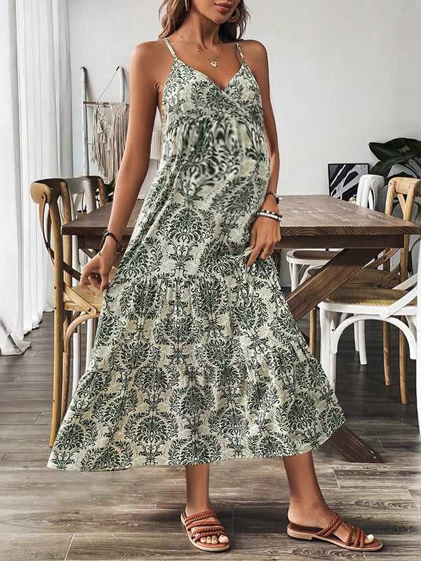 Chicnmom Vestido largo premamá Estampado Espalda Descubierta Falda amplia Verde