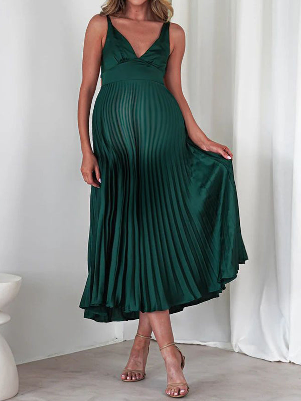 Chicnmom Vestidos largo Premamá Plisado Espalda Descubierta Verde