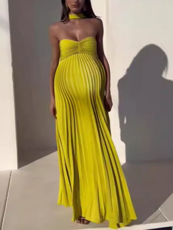 Chicnmom Vestidos largo Premamá Plisado Fluidez Amarillo