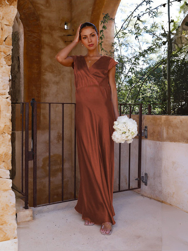 Chicnmom Vestidos para boda y fiesta premamá Escote en V profundo Marrón