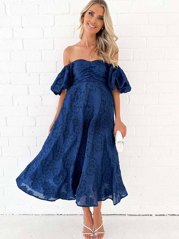 Chicnmom Vestidos largo Premamá Estampado Hombros descubiertos Azul Marino