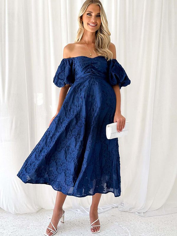 Chicnmom Vestidos largo Premamá Estampado Hombros descubiertos Azul Marino