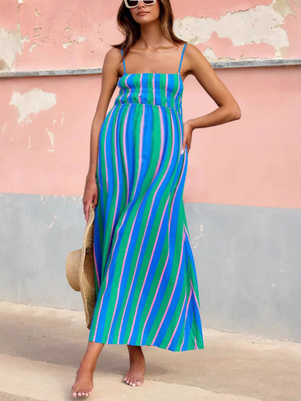 Chicnmom Vestidos casuales premamá De tirantes Pliegue fruncido Verde