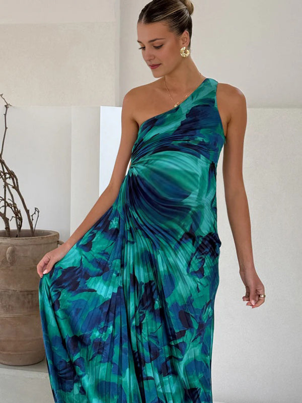 Chicnmom Vestido largo premamá Estampado Calado Hombros descubiertos Pliegue Verde