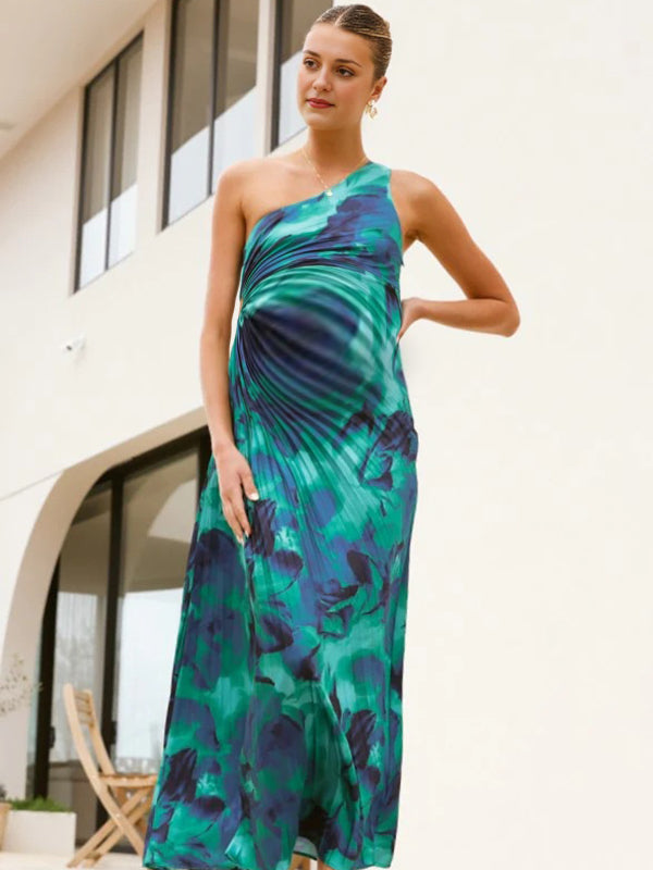 Chicnmom Vestido largo premamá Estampado Calado Hombros descubiertos Pliegue Verde