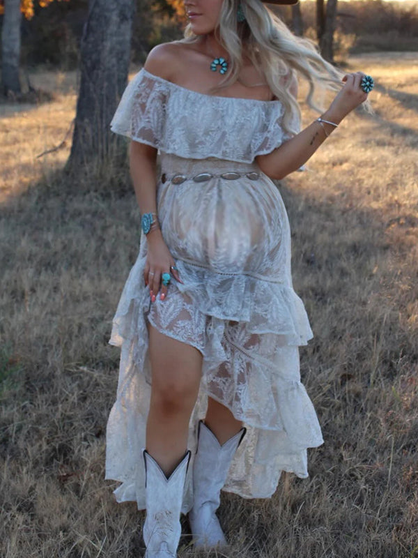 Chicnmom Vestidos largo Premamá Encaje Volantes Multicapa Albaricoque