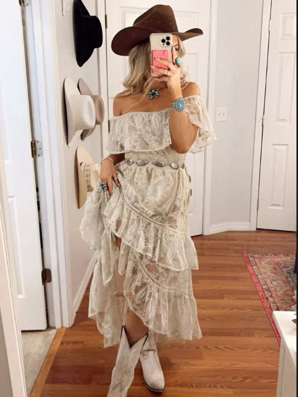 Chicnmom Vestidos largo Premamá Encaje Volantes Multicapa Albaricoque