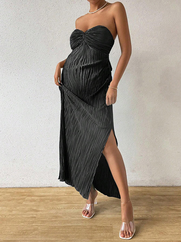 Chicnmom Vestidos largo Premamá Plisado Abertura Lazo Negro