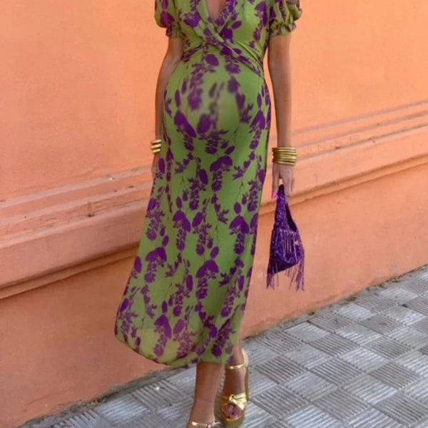 Chicnmom Vestidos largo Premamá Estampado Pecho fruncido Verde