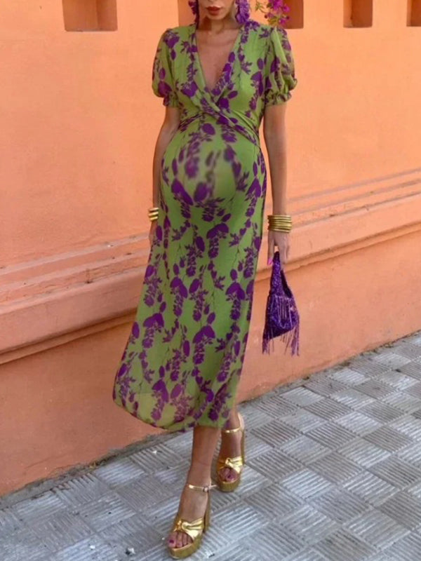 Chicnmom Vestidos largo Premamá Estampado Pecho fruncido Verde