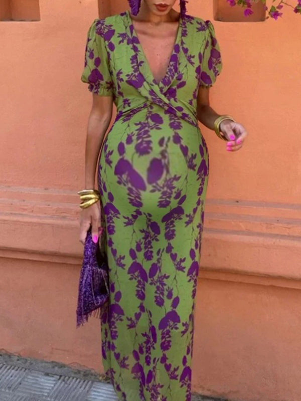 Chicnmom Vestidos largo Premamá Estampado Pecho fruncido Verde