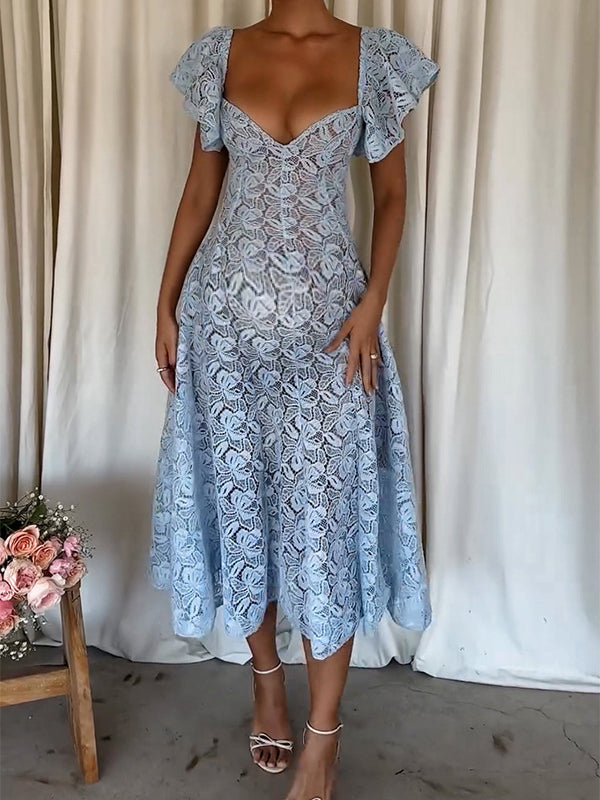 Chicnmom Vestidos largo Premamá Encaje Volantes Trapecio Azul Claro