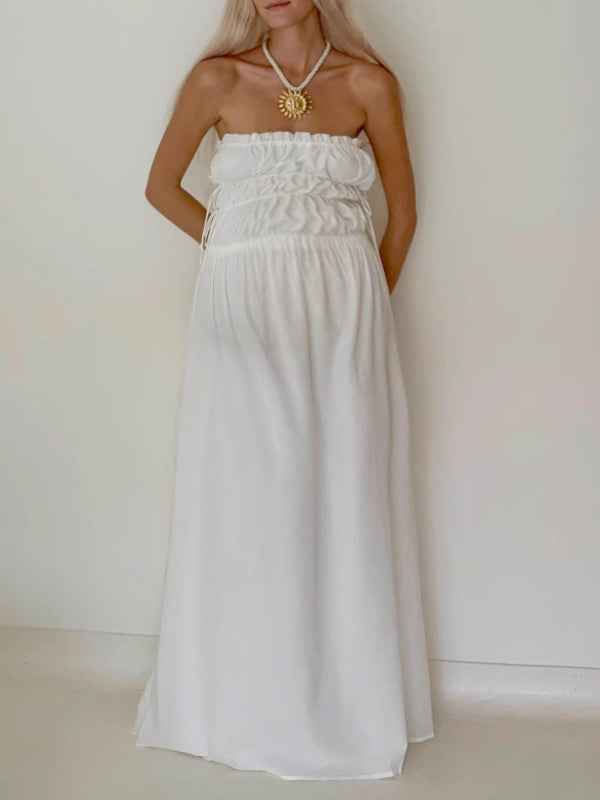 Chicnmom Vestidos casuales premamá Espalda Descubierta Pliegue fruncido Blanco