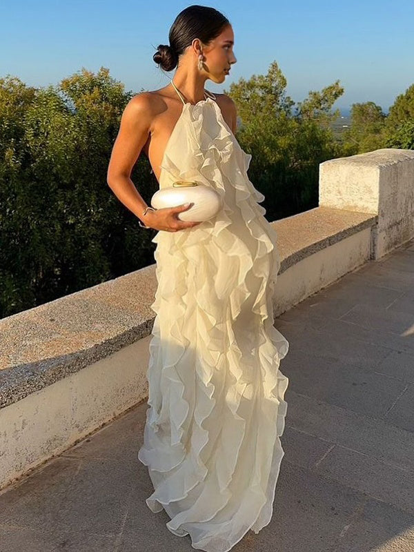 Chicnmom Vestidos largo Premamá Volantes Espalda Descubierta Blanco