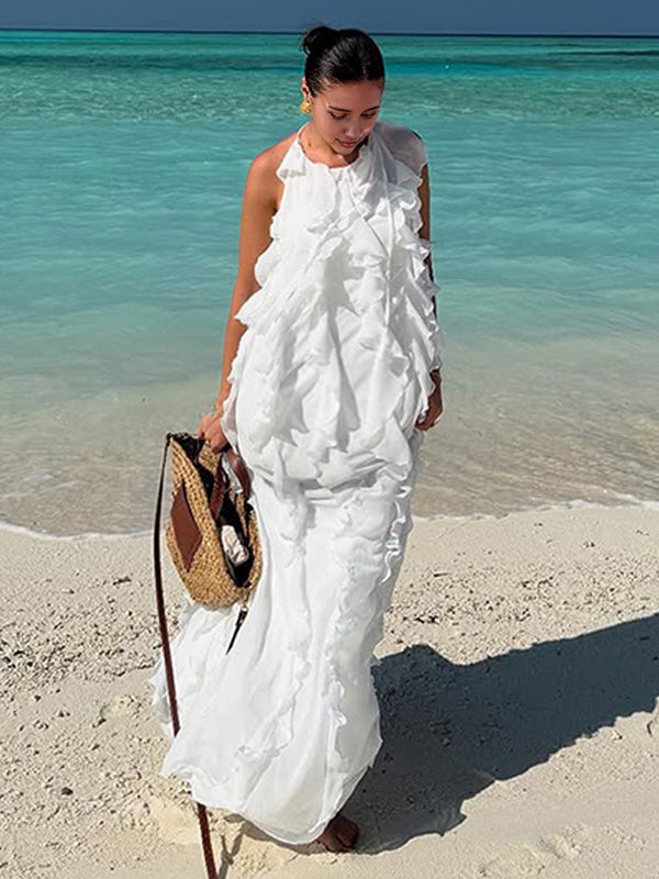 Chicnmom Vestidos largo Premamá Volantes Espalda Descubierta Blanco