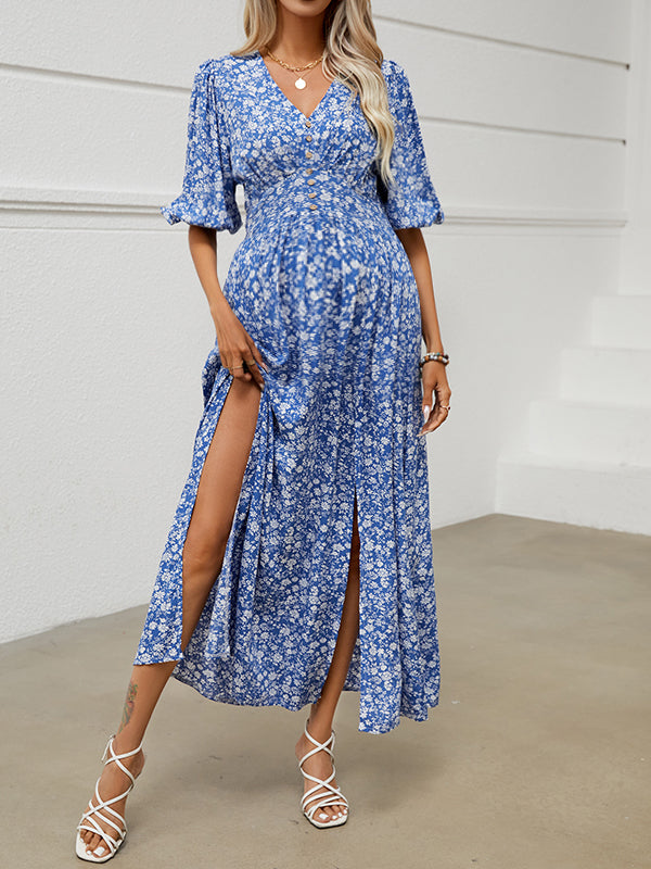 Chicnmom Vestido de flores premamá Abertura Azul