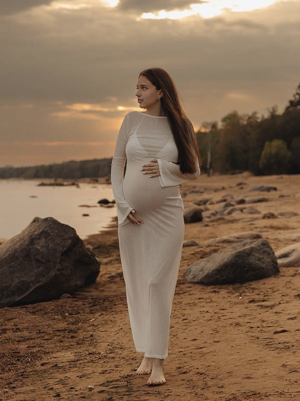 Chicnmom Vestido largo premamá Hombros descubiertos Blanco