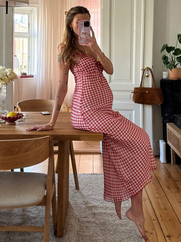 Chicnmom Vestidos largo Premamá cuadros Volantes Lazo Rojo