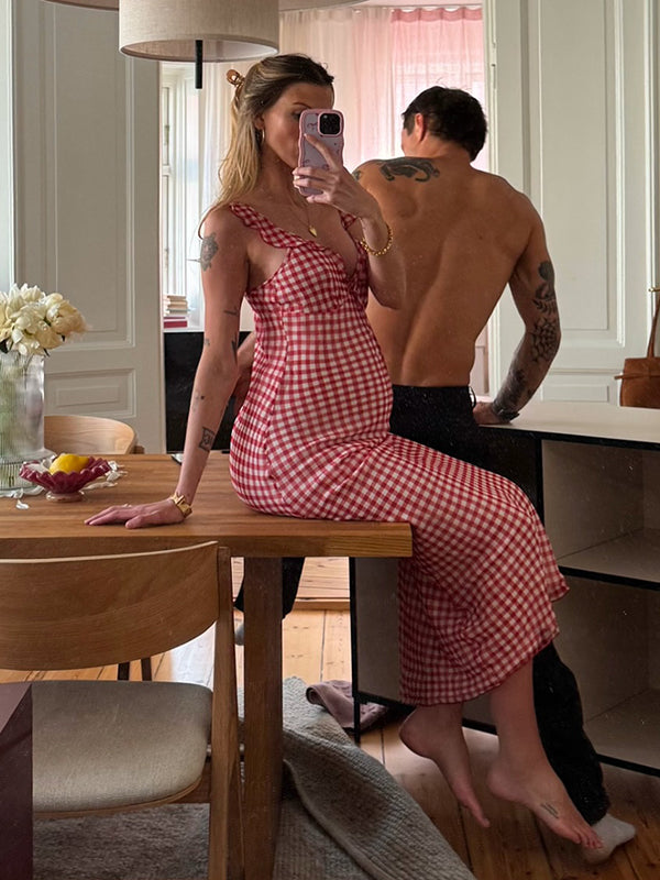 Chicnmom Vestidos largo Premamá cuadros Volantes Lazo Rojo