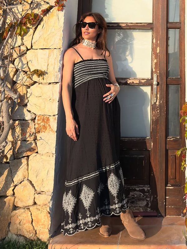 Chicnmom Vestidos largo Premamá Estampado Borde ondulado De tirantes Negro