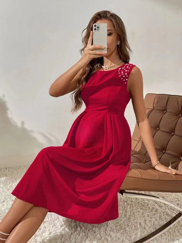 Chicnmom Vestidos midi Premamá Perlas Bajo Evasé Rojo