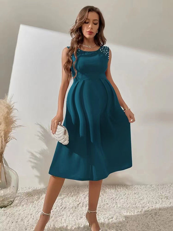 Chicnmom Vestidos midi Premamá Perlas Bajo Evasé Azul Marino