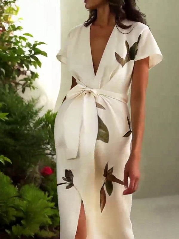 Chicnmom Vestidos midi Premamá Impresión de hojas Cinturón Abertura Blanco