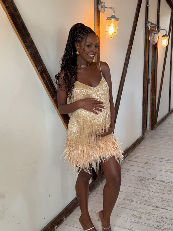 Chicnmom Corto Vestido Boda Embarazada Invitada Con Lentejuelas Y Borla De Ajustado Para Premamá Fiesta