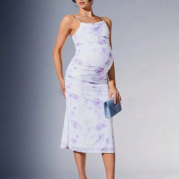Chicnmom vestidos premamá morado claro vestido de verano con tirantes estampados
