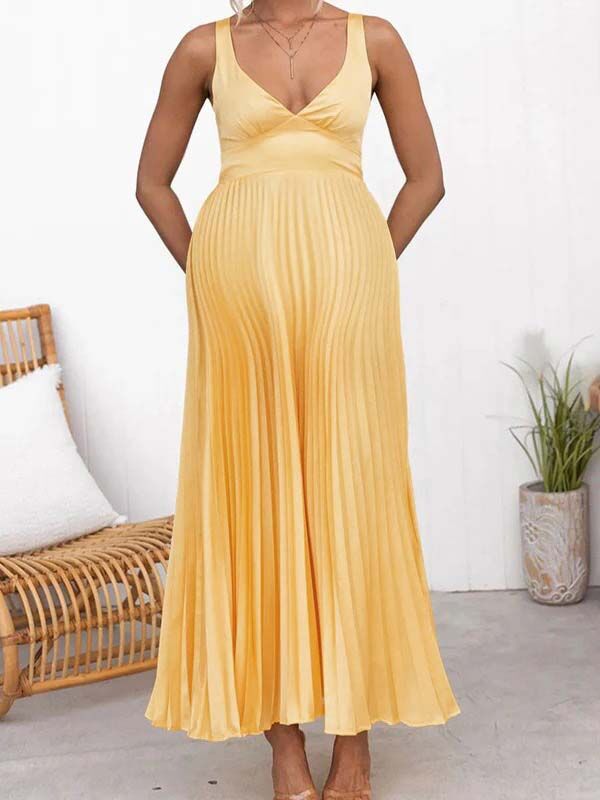 Chicnmom Vestidos largo Premamá Plisado Espalda Descubierta Amarillo