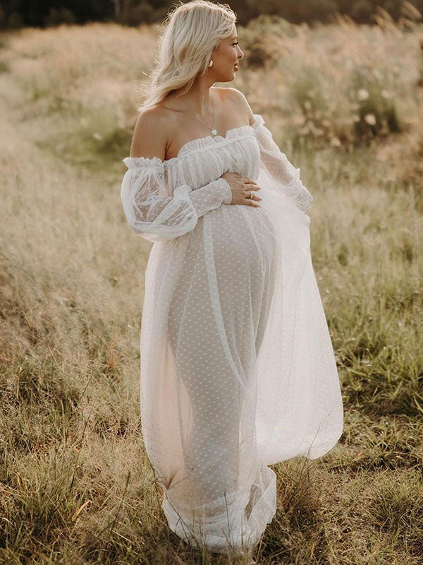 Chicnmom Vestidos Invitada Boda Embarazada Largo Tul Con Volantes Y Hombros Descubiertos Para Premamá Sesión De Fotos Y Novia