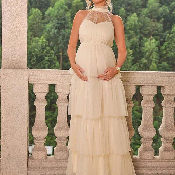 Chicnmom Vestidos largo Premamá Multicapa Tul Albaricoque