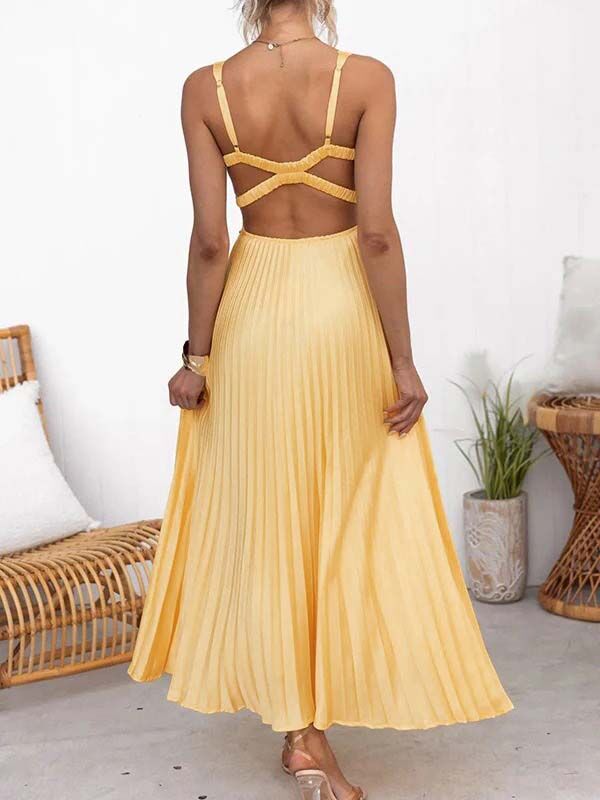 Chicnmom Vestidos largo Premamá Plisado Espalda Descubierta Amarillo