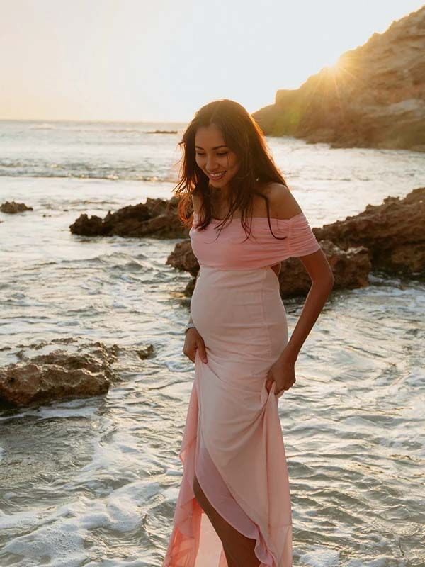 Chicnmom Vestidos largo Premamá Abertura Volantes Hombros descubiertos Rosa Fotografía