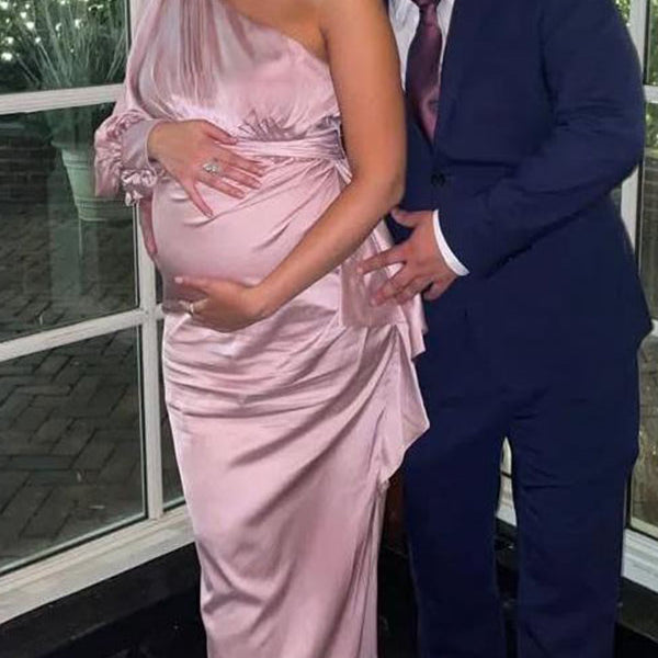 Chicnmom Vestidos Embarazada Fiesta de Satén con un Hombro y Cinturón para Premamá Cóctel