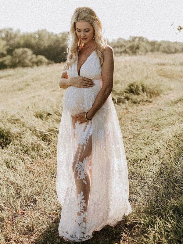 Chicnmom Vestido largo de maternidad de noche elegante blanco sin mangas con cuello en V fluido de granadina de encaje Photoshoot