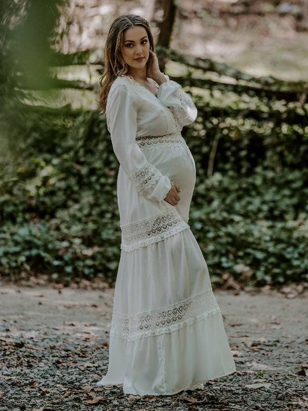 Chicnmom Blanco Gasa Encaje Recorte Manga de la linterna Elegante Premamá Fotografía de fiesta de bebé Vestidos Maxi