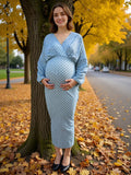 Chicnmom Vestido De Fiesta Midi Premamá Azul Con Lunares Y Mangas Abullonadas Escote Cruzado De Lactancia Para Embarazadas Oficina