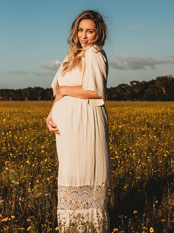 Chicnmom vestidos premamá blanco vestido de verano con tirantes de patchwork de encaje