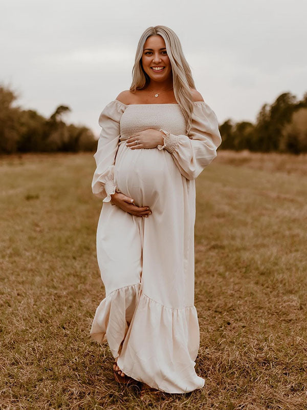 Chicnmom Beige Sin Hombros Volante Premamá Elegante Fotografía de fiesta Vestidos boho largos