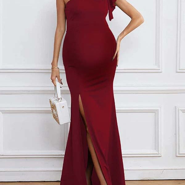 Chicnmom Vestidos largo Premamá Volantes Abertura Hombro caído Burdeos