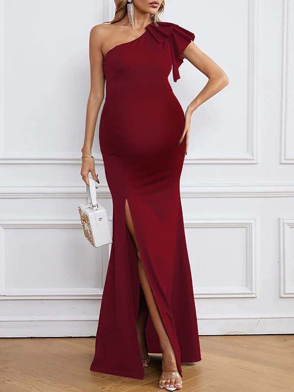 Chicnmom Vestidos largo Premamá Volantes Abertura Hombro caído Burdeos