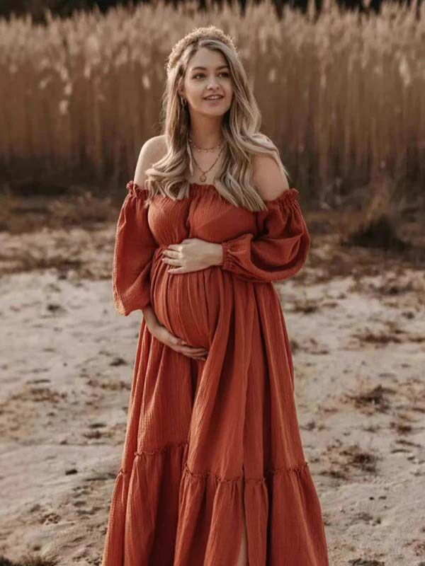 Chicnmom Vestidos largo Premamá Fotografía Abertura Falda amplia Naranja