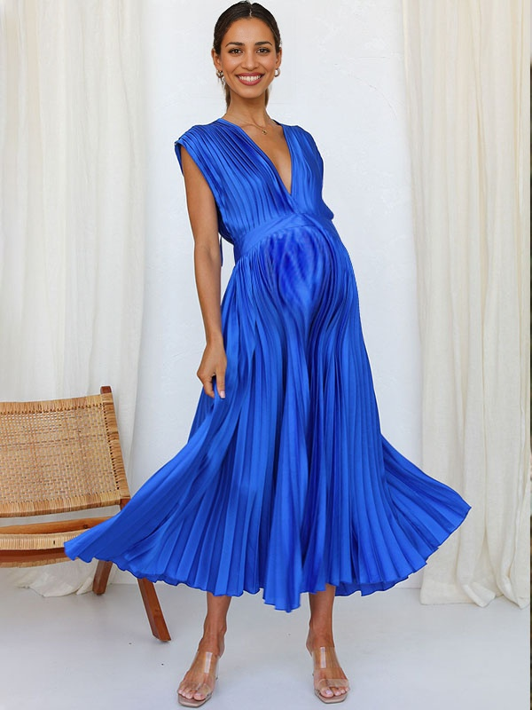 Chicnmom azul plisado cuello en v vestidos para embarazadas