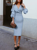 Chicnmom vestido de fiesta de maternidad azul con lunares y mangas abullonadas